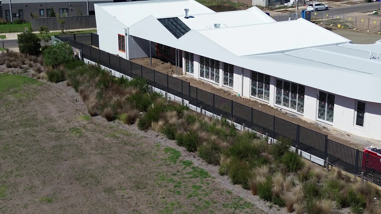 Aerial view of Officer childcare centre and custom aluminium slat perimeter fencing